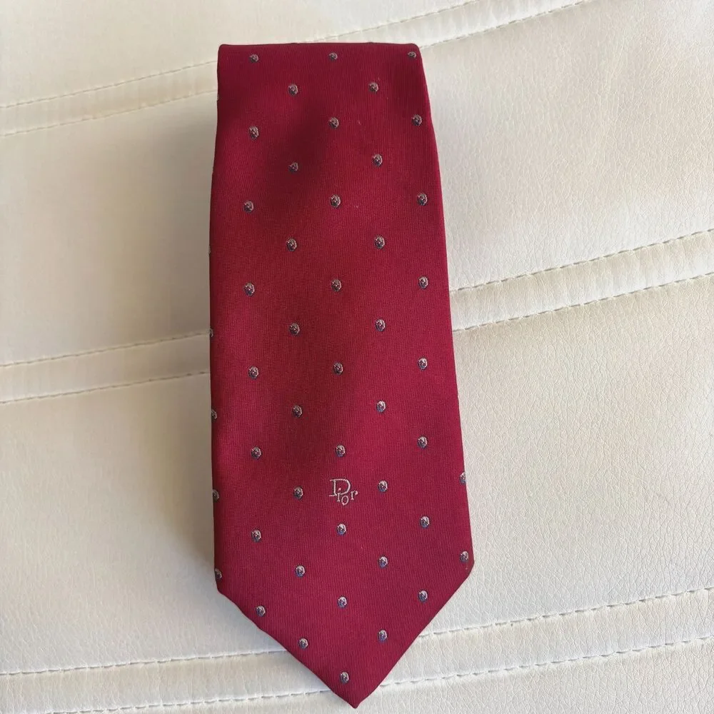 Vintage Christian Dior Men’s Tie Red Burgundy Micro Dot Silk Blend Italy